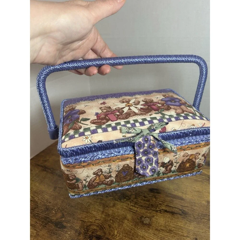 Vintage Teddy Bear Floral Sewing Basket Box Touch Fastener Philippines Purple
